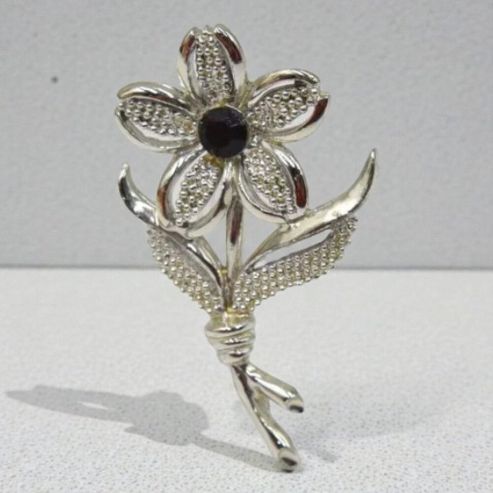 Vintage Sarah Coventry Flower Brooch w Black Rhinestone
